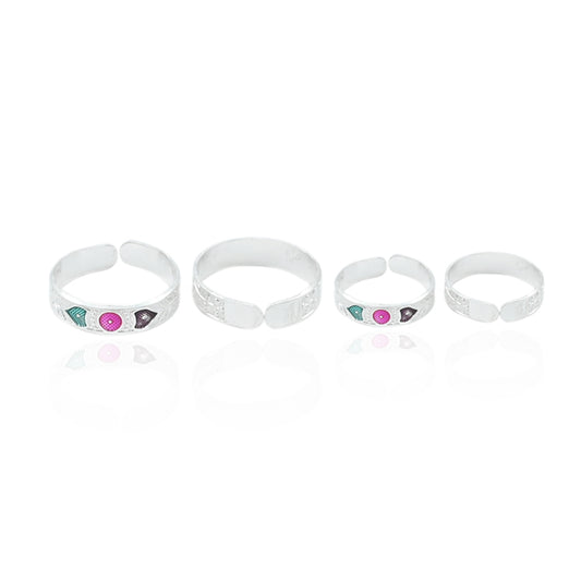 Charming silver toe rings adorned with vibrant, sharp-colored patterns for a unique style