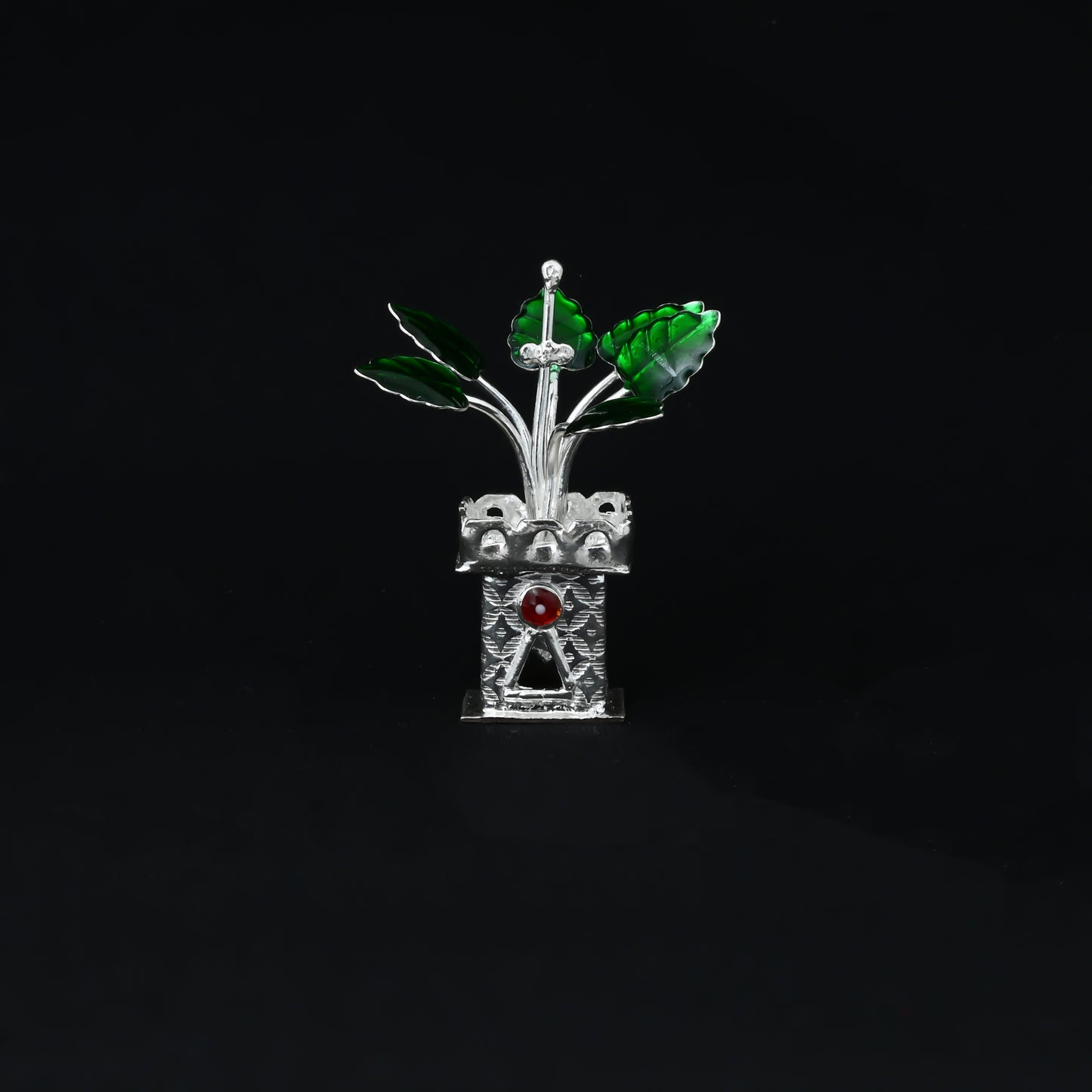 Elegant silver Tulsi plant adorned with CZ color stones, perfect for religious devotion