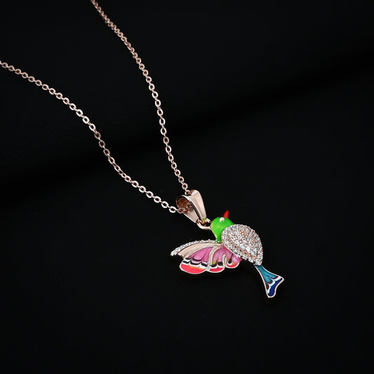 Hummingbird with Zircon Stones Silver Necklace-2