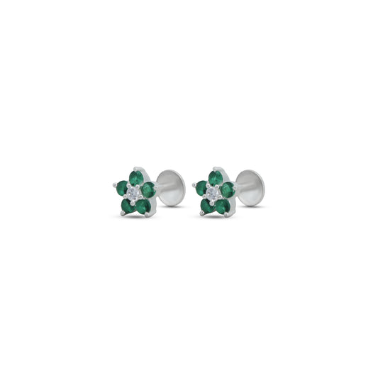 Elegant silver earrings featuring a floral pattern with green stones