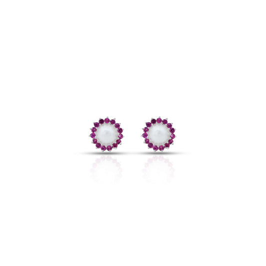 Silver Small Pink Stone on Edge Flower Design Earrings for Girls