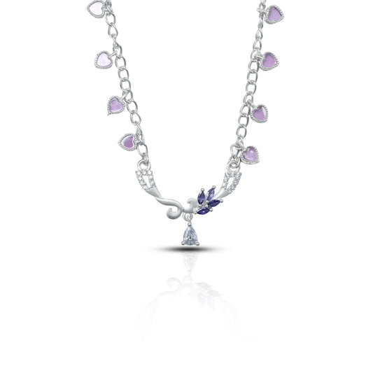 Chic silver mangalsutra with a heart-shaped design and a stunning purple gemstone