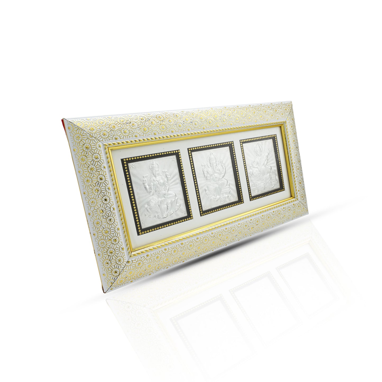 Exquisite 999 silver frame with Laxmi, Ganesh, and Saraswati figures, a perfect spiritual gift
