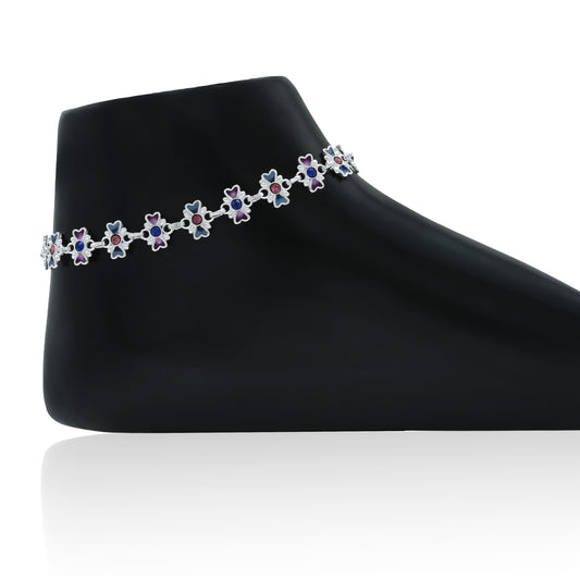 Elegant silver anklet featuring a colorful pearl floral design.