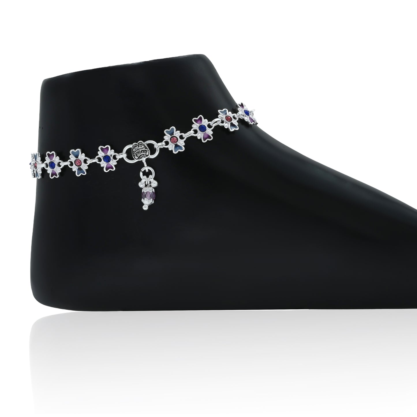 Stylish anklet with colorful floral pearls set in silver.