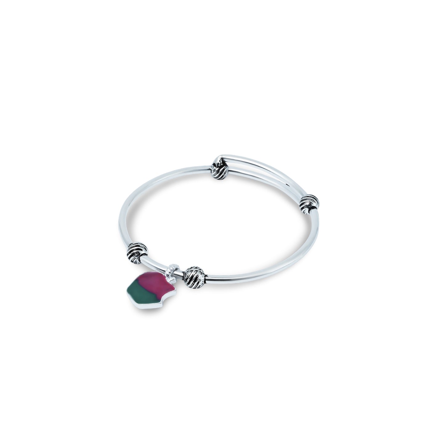 Adorable baby kada featuring a colorful apple design in sterling silver