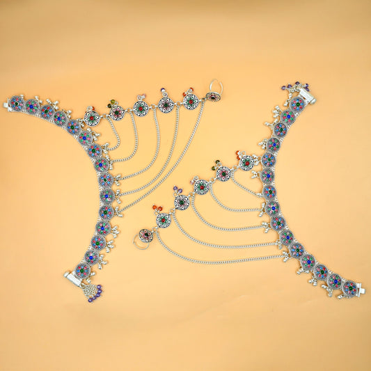 Gorgeous Silver Payal with Pag Phool Design and Vibrant Flower Pattern