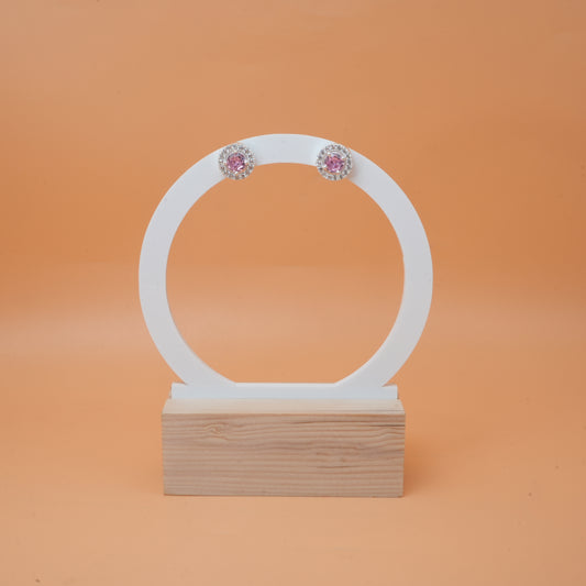 Pink & White Stone Halo Earrings in Silver