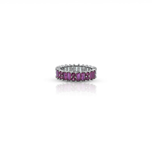 Elegant silver ring featuring purple gemstone.