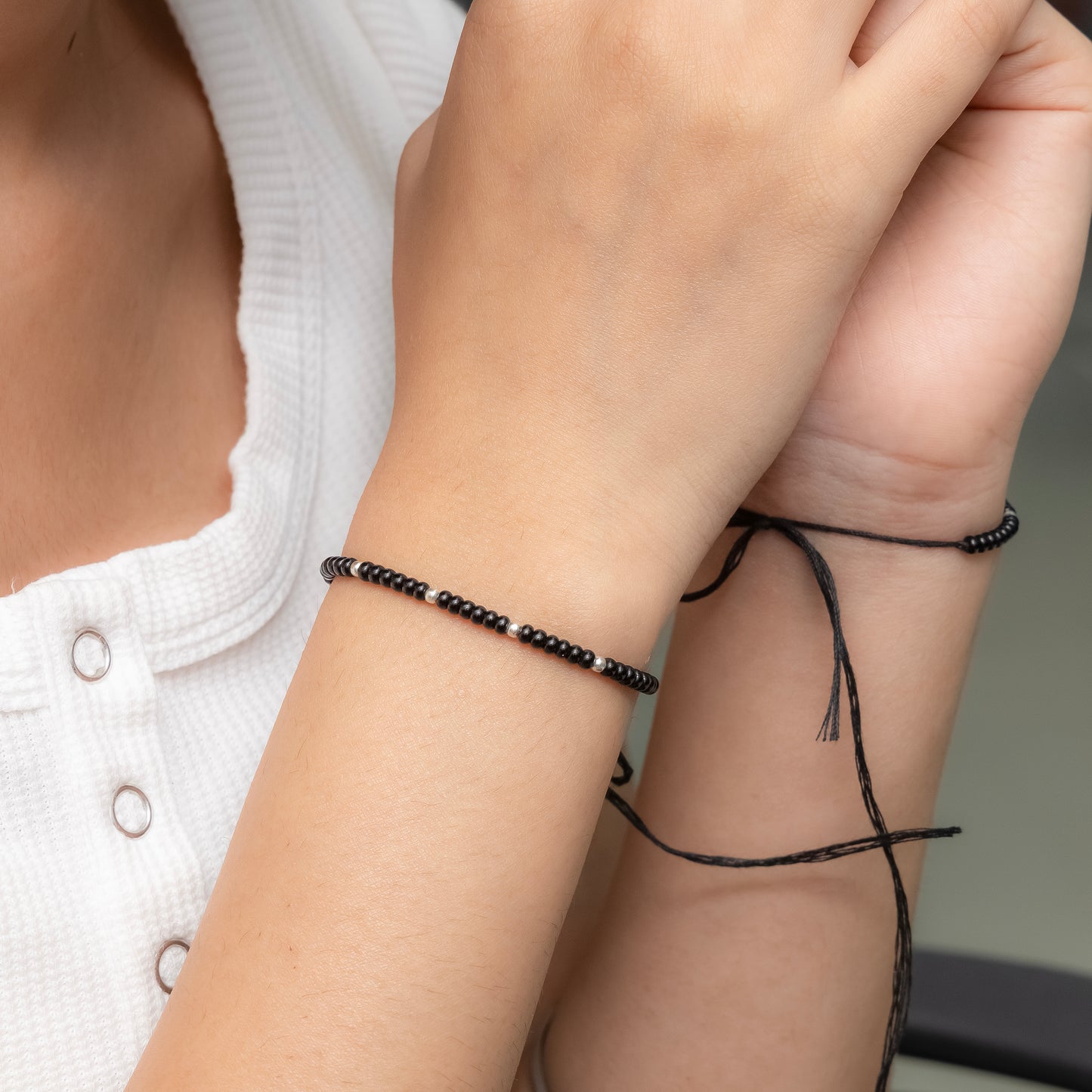 Black Beads Bracelet with Silver Accents