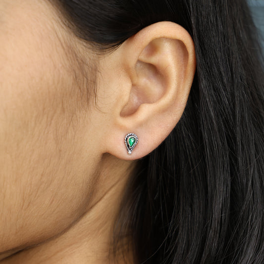 Classic Green Drop Stud Silver Earrings