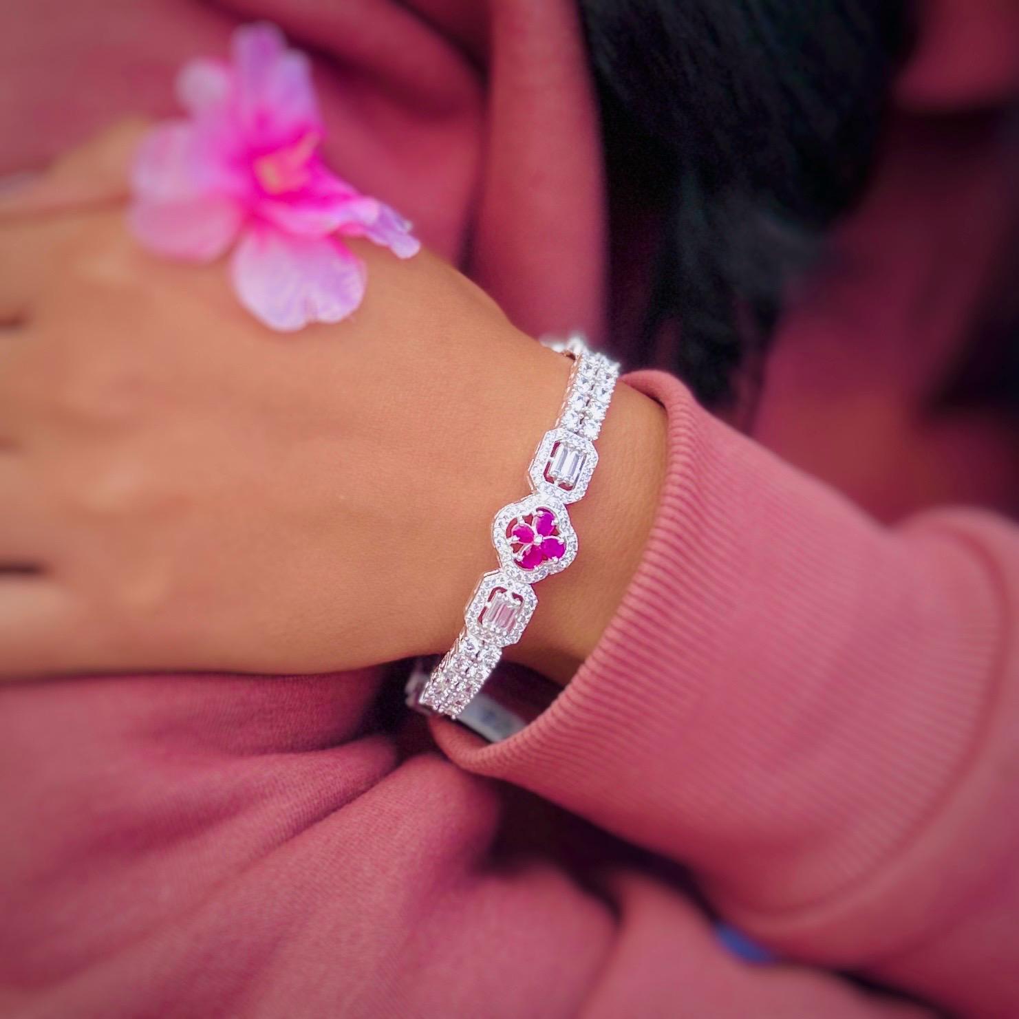 Elegant Silver Bracelet Featuring a Pink Flower Stone for Girls