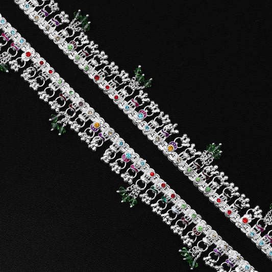 Silver Payal with Hand Engraving, Ghunroo, and Multicolor Stone Accents