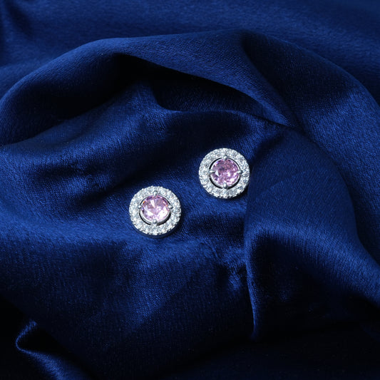 Pink & White Stone Halo Earrings in Silver