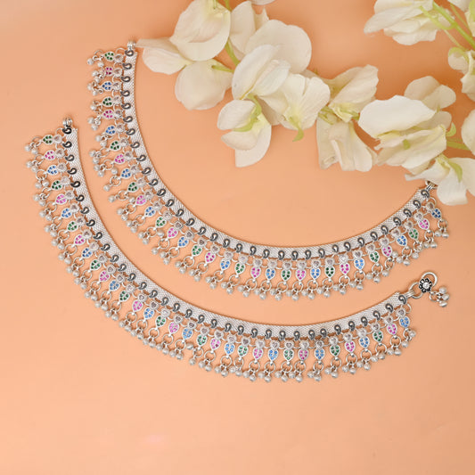 Premium Silver Payal with Heart Latkan and Ghungroo Detailing