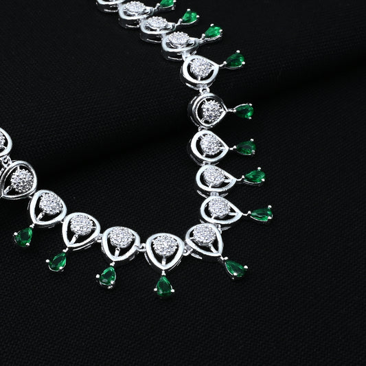 Sterling Silver Necklace Set with Earrings & Green Stone Detailing