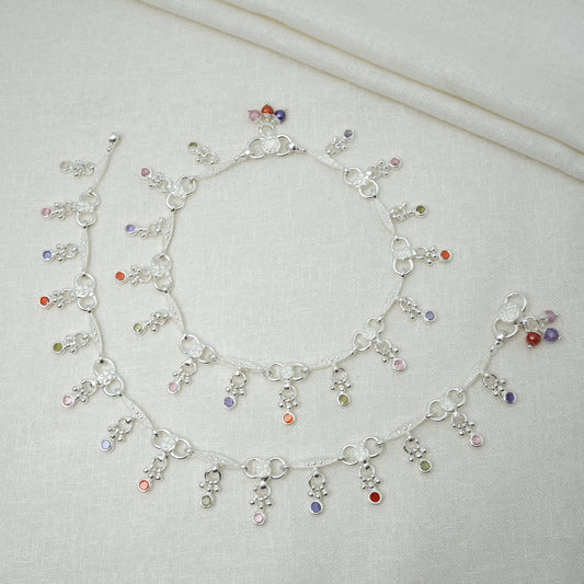 Silver Anklet Linked with Colorful Stones