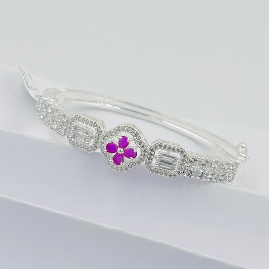 Elegant Silver Bracelet Featuring a Pink Flower Stone for Girls.