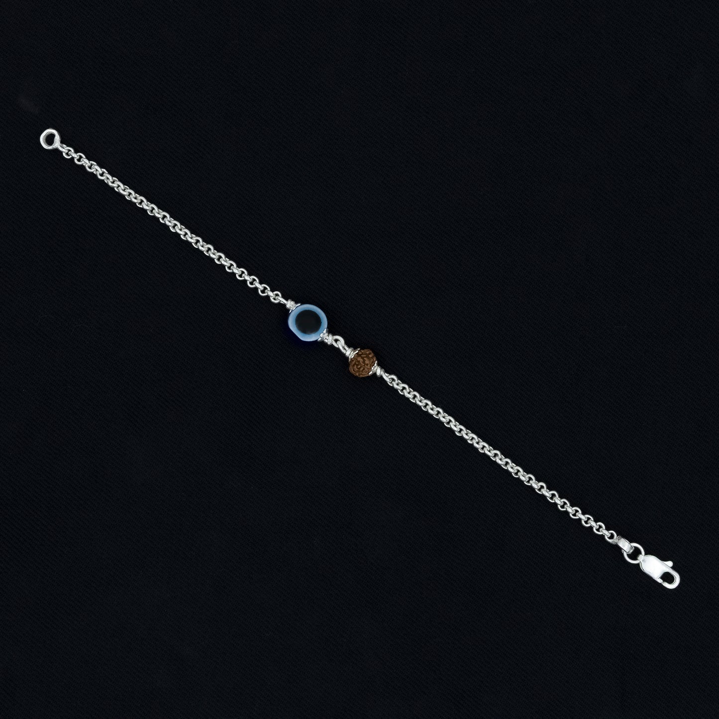 Elegant Evil Eye Charm Silver Bracelet Adorned with Rudraksha