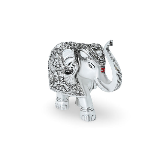 Handcrafted oxidized silver-coated elephant statue with a wax finish, symbolizing strength and good fortune.