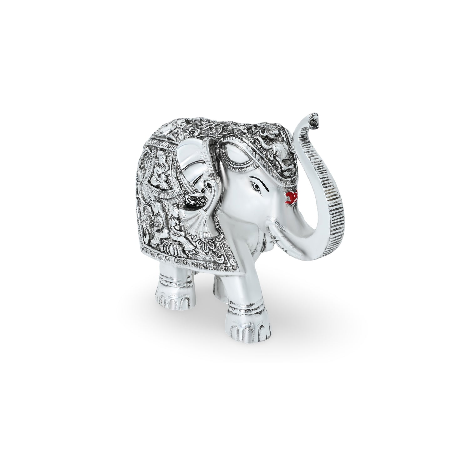 Handcrafted oxidized silver-coated elephant statue with a wax finish, symbolizing strength and good fortune.