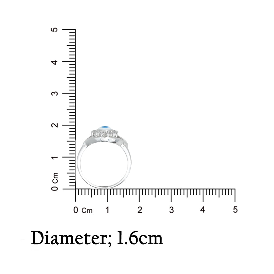 Elegant silver ring with central blue eye detail.