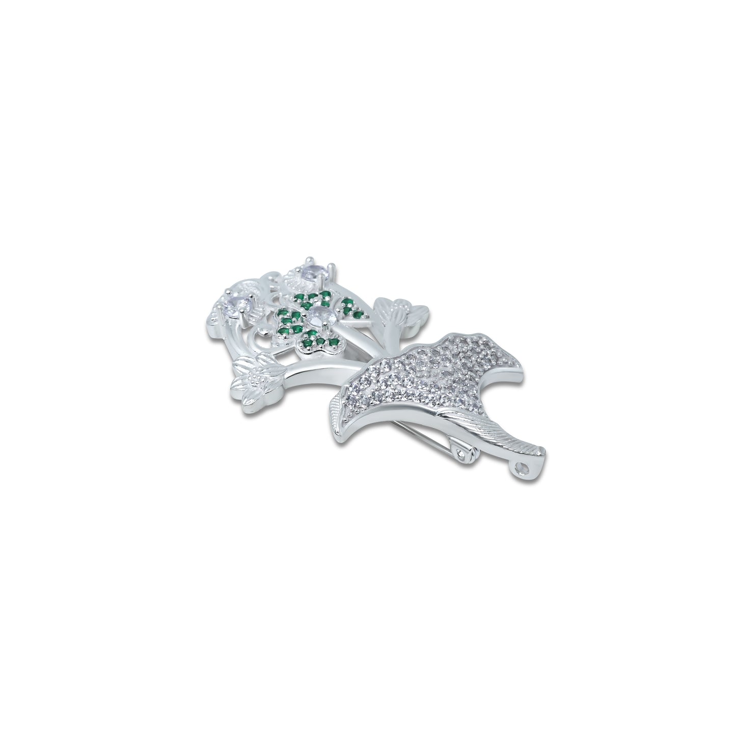 Charming silver saree pin adorned with a floral motif and green stones