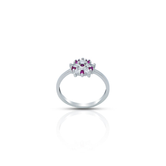 Charming sterling silver floral ring featuring purple and white gemstones.