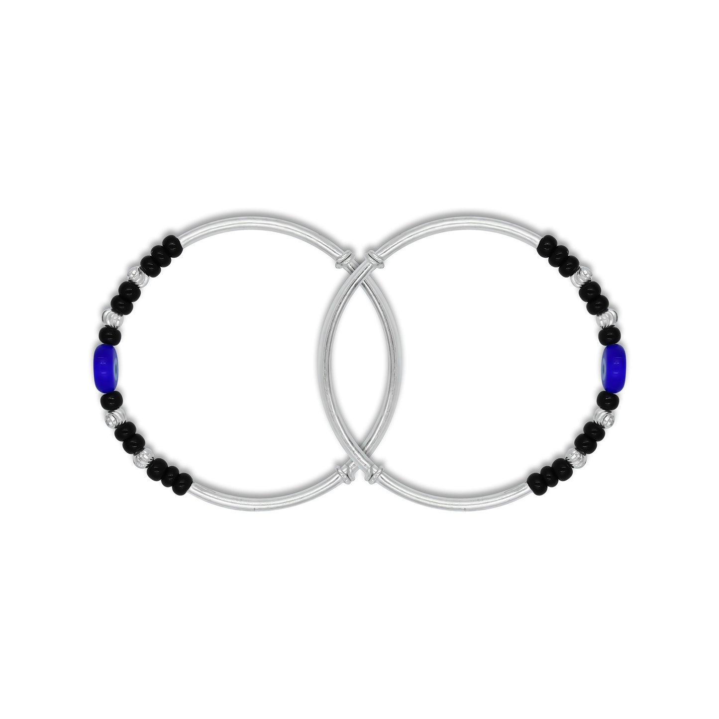 Baby kada with protective evil eye and black bead details in silver