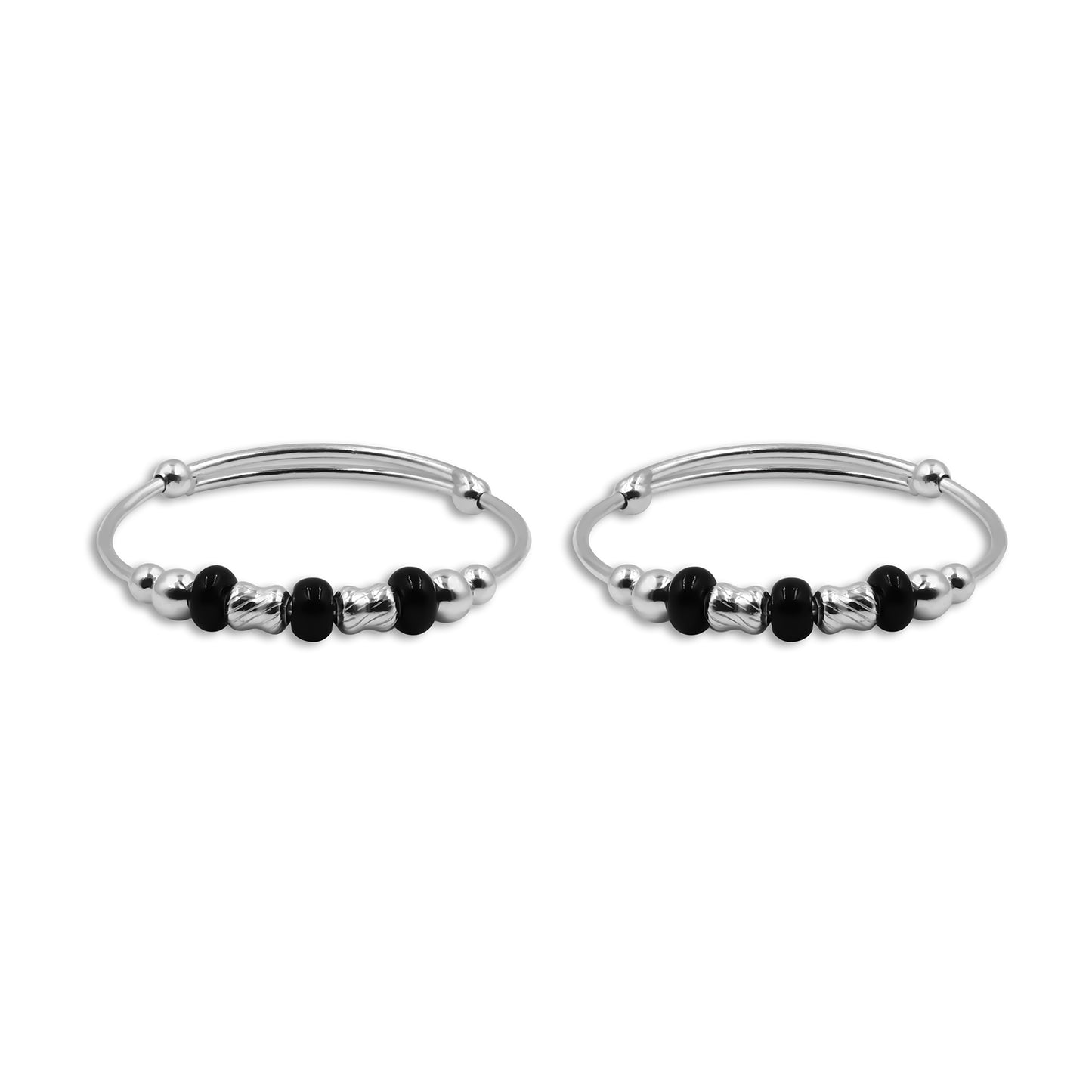 Stylish Silver Kada with Sleek Black Beads - Modern and Chic Bracelet