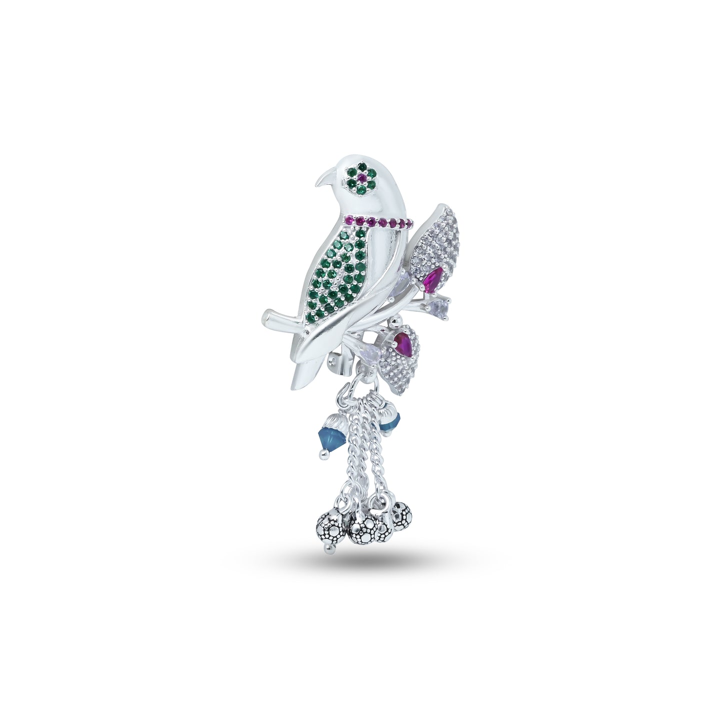 Charming silver saree pin with a bird design adorned with green and purple stones
