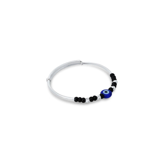 Baby silver kada anklet with a protective blue evil eye design and black and silver bead accents