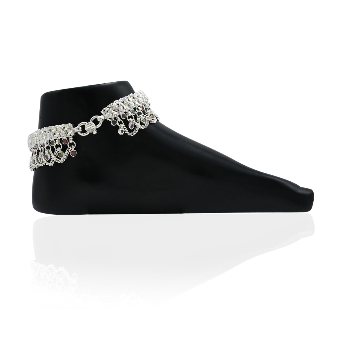 Charming silver anklet with heavy colorful bead detailing, perfect for brides