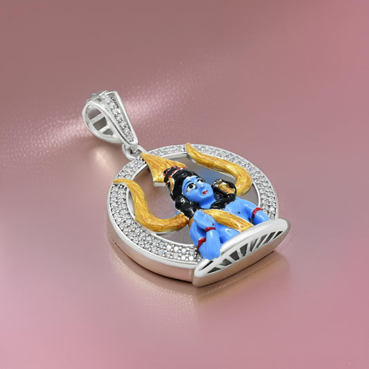 Elegant sterling silver pendant showcasing blue Shiv Ji with a Trishul backdrop