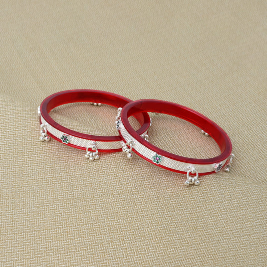 Stylish Silver Bangles with Flower Design and Ghungroo Features