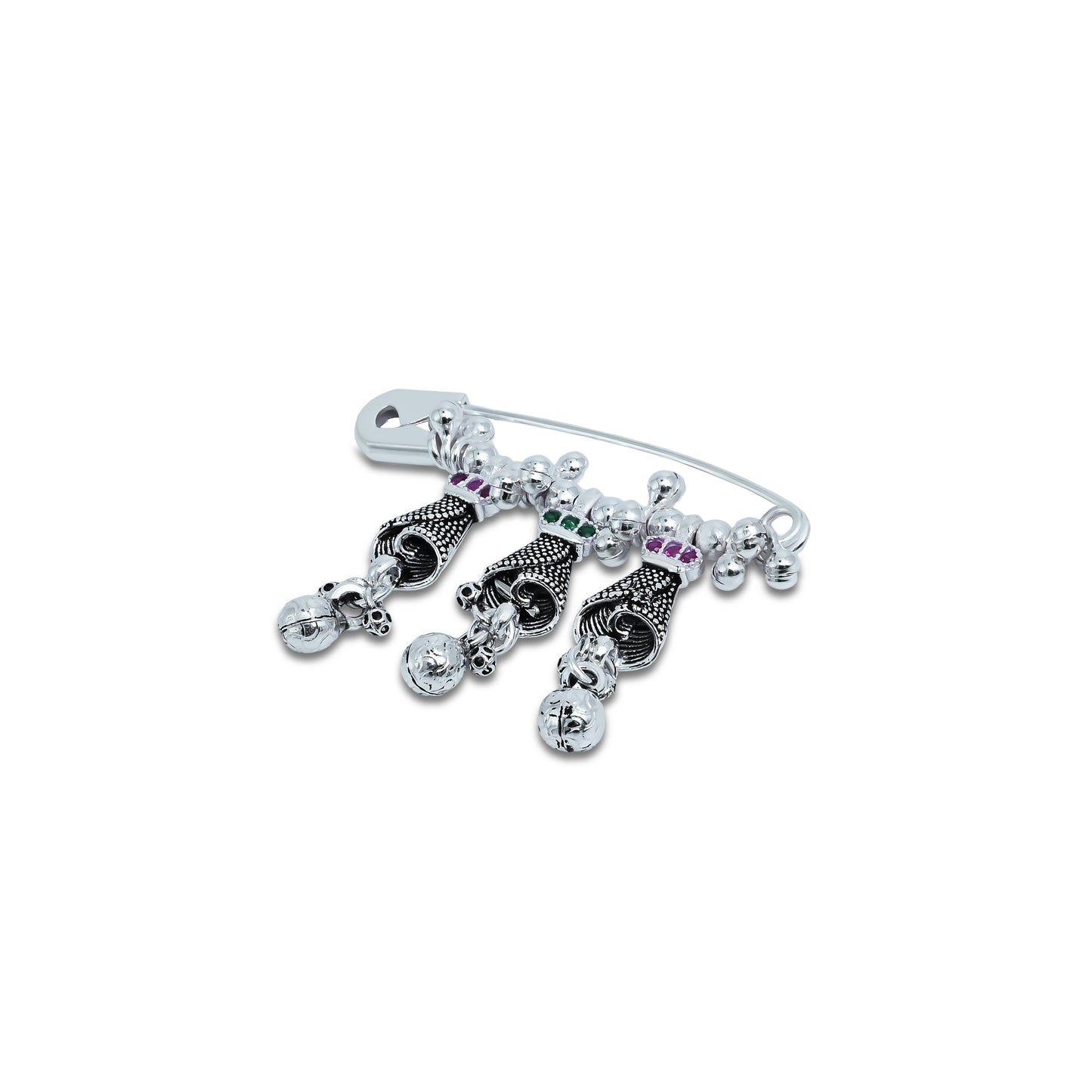 Charming silver saree pin adorned with purple and green stone beads