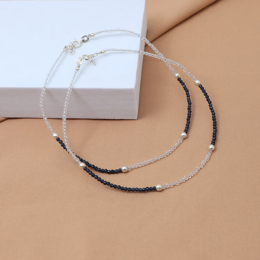 blue White Beaded Silver Anklet