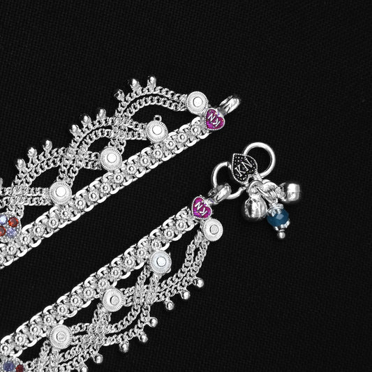 Exquisite Silver Payal with Elegant Engraving, Multi Stones & Ghunroo