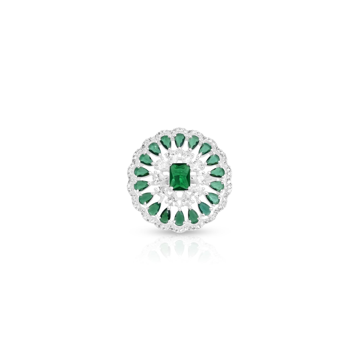 Silver Ring for Women with Green Mini Stones and Center Gem.