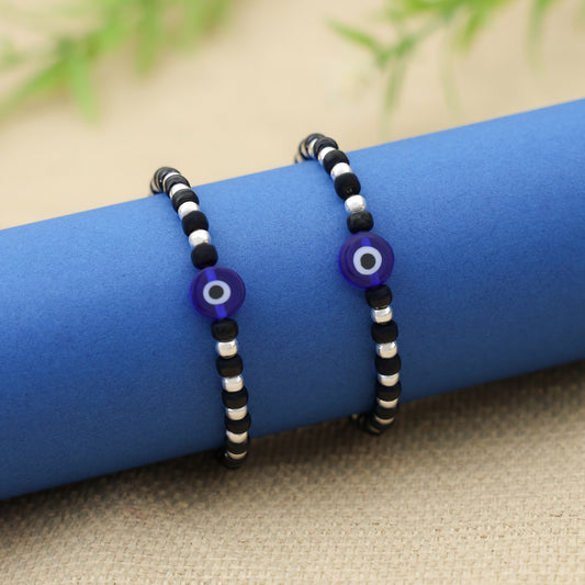 Silver Moti Blue Evil Eye Charm Bracelet