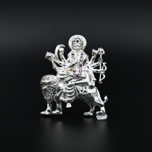 Handcrafted silver Durga Ma statue, symbolizing strength and protection, ideal for worship and gifting