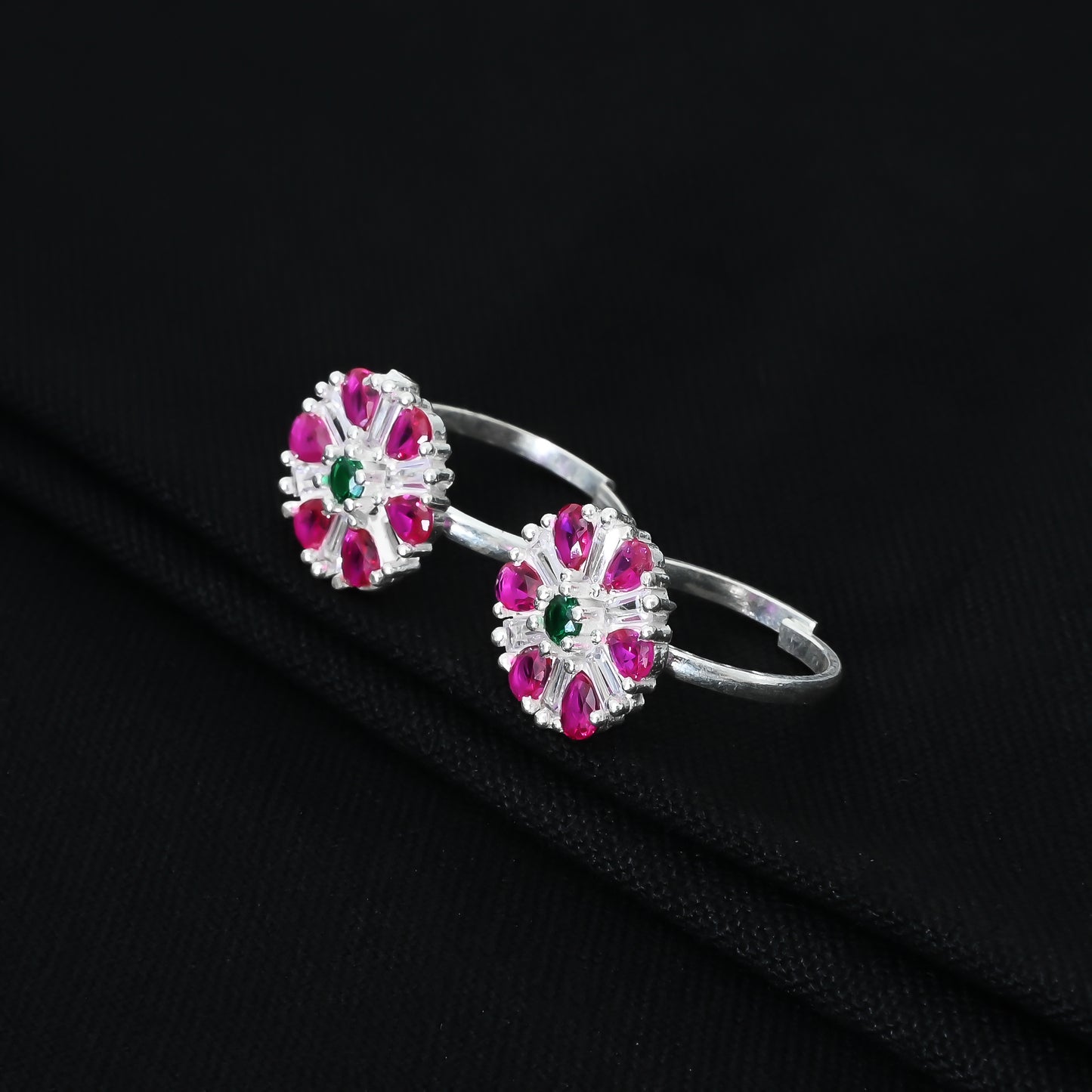 Purple stone silver toe ring with floral design