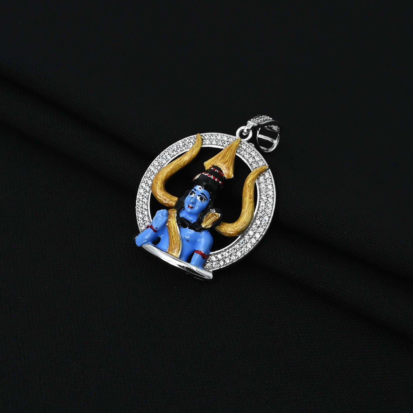 Charming sterling silver pendant with a detailed blue Shiv Ji and Trishul background
