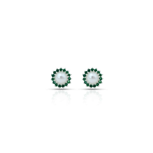Silver Small Green Stone on Edge Flower Design Earrings for Girls