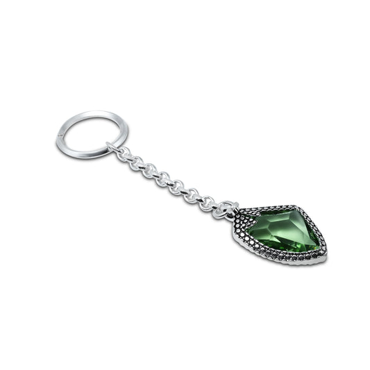 Elegant silver keychain with a green gemstone, perfect for adding a pop of color