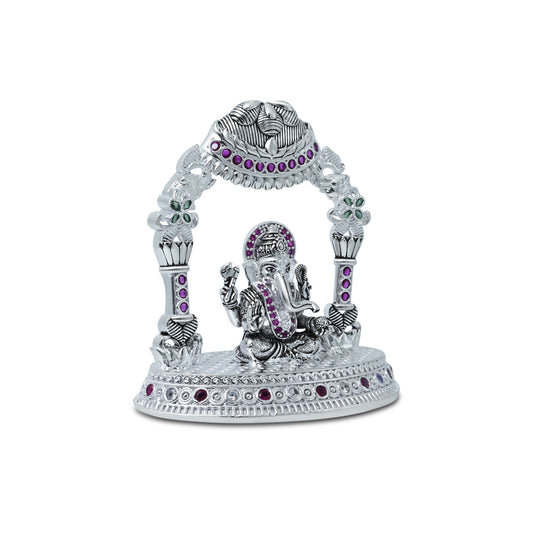 Silver Ganesha statue featuring vibrant multicolour stone accents