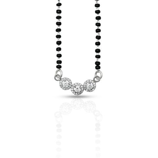 Chic silver mangalsutra with a stunning CZ stone at the center, surrounded by a three-circle design