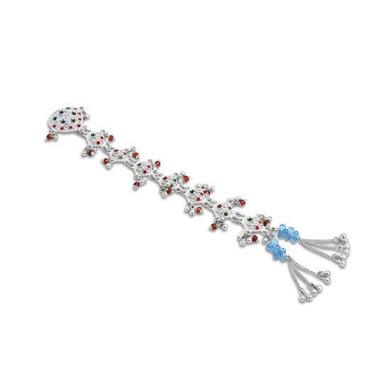 Elegant silver choti with red and green gemstones for a stunning look