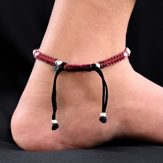 Elegant Evil Eye Anklets: Silver, Golden Beads, Red Thread