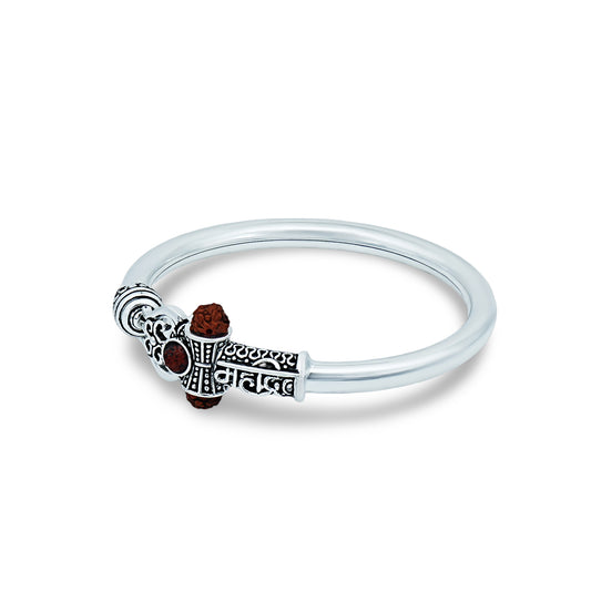 Spiritual Silver Kada with Rudraksha Beads – Boys' Sacred Bracelet